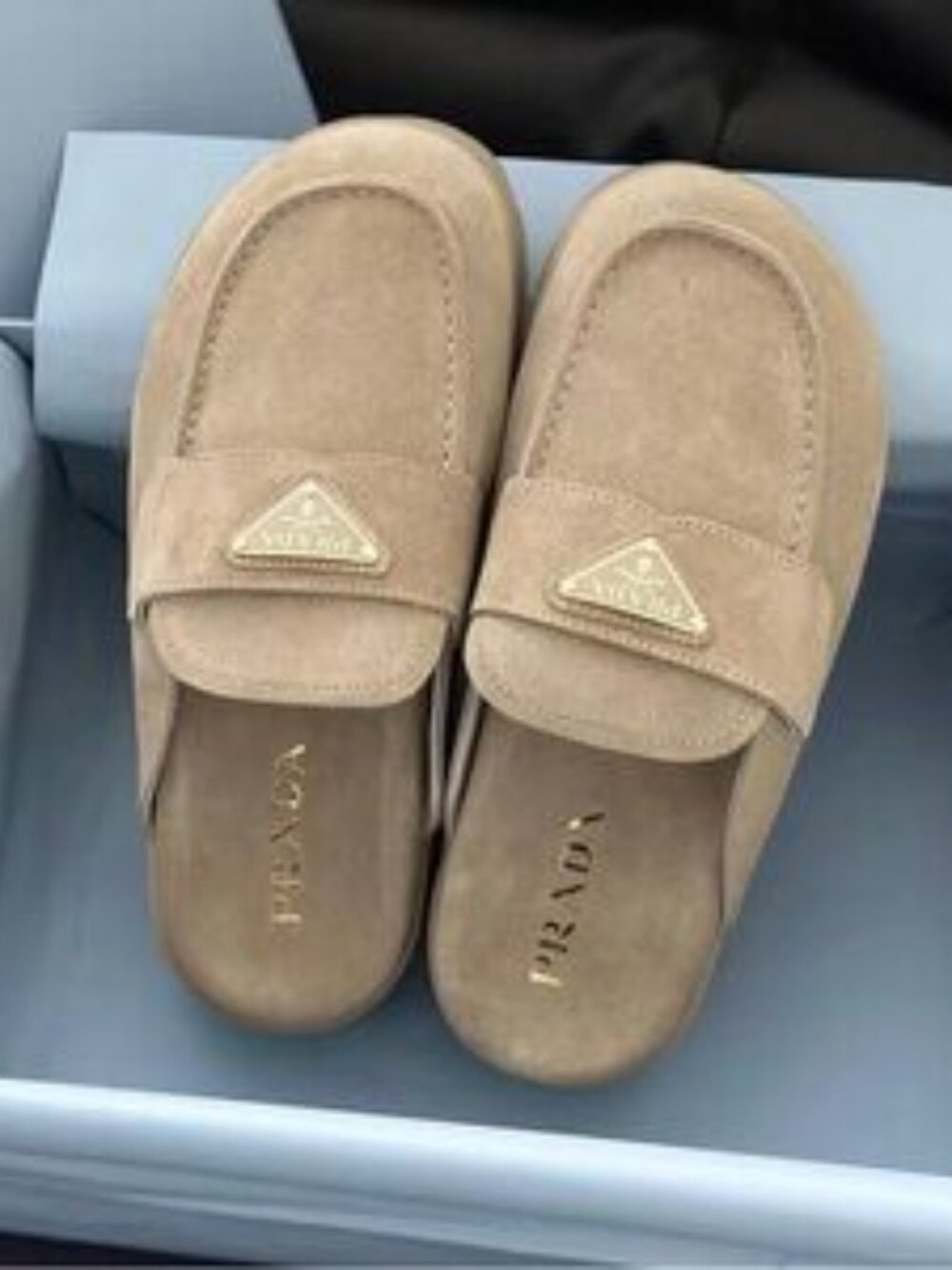 Prada Beige Suede Platform Mules